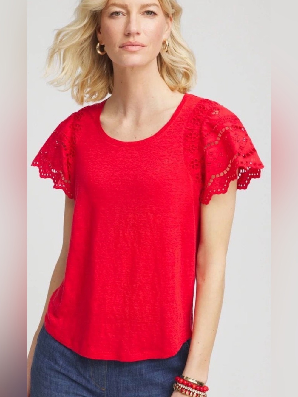 NWT Chicos Linen Eyelet-Sleeve Tee